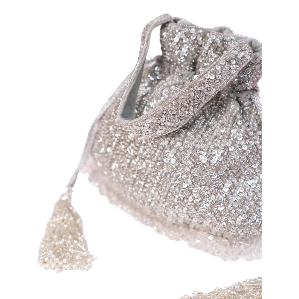 House Of Kosha Sitara Silver Suede Sequin Embellished Potli with Detachable Strap