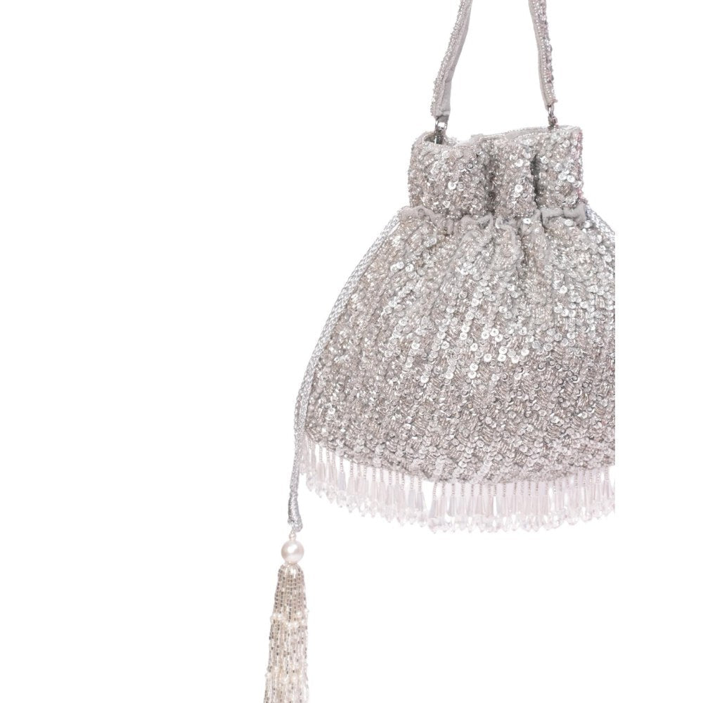 House Of Kosha Sitara Silver Suede Sequin Embellished Potli with Detachable Strap