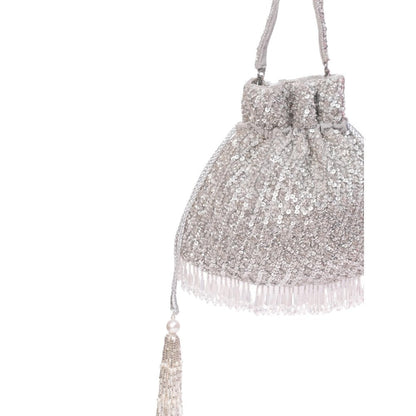 House Of Kosha Sitara Silver Suede Sequin Embellished Potli with Detachable Strap