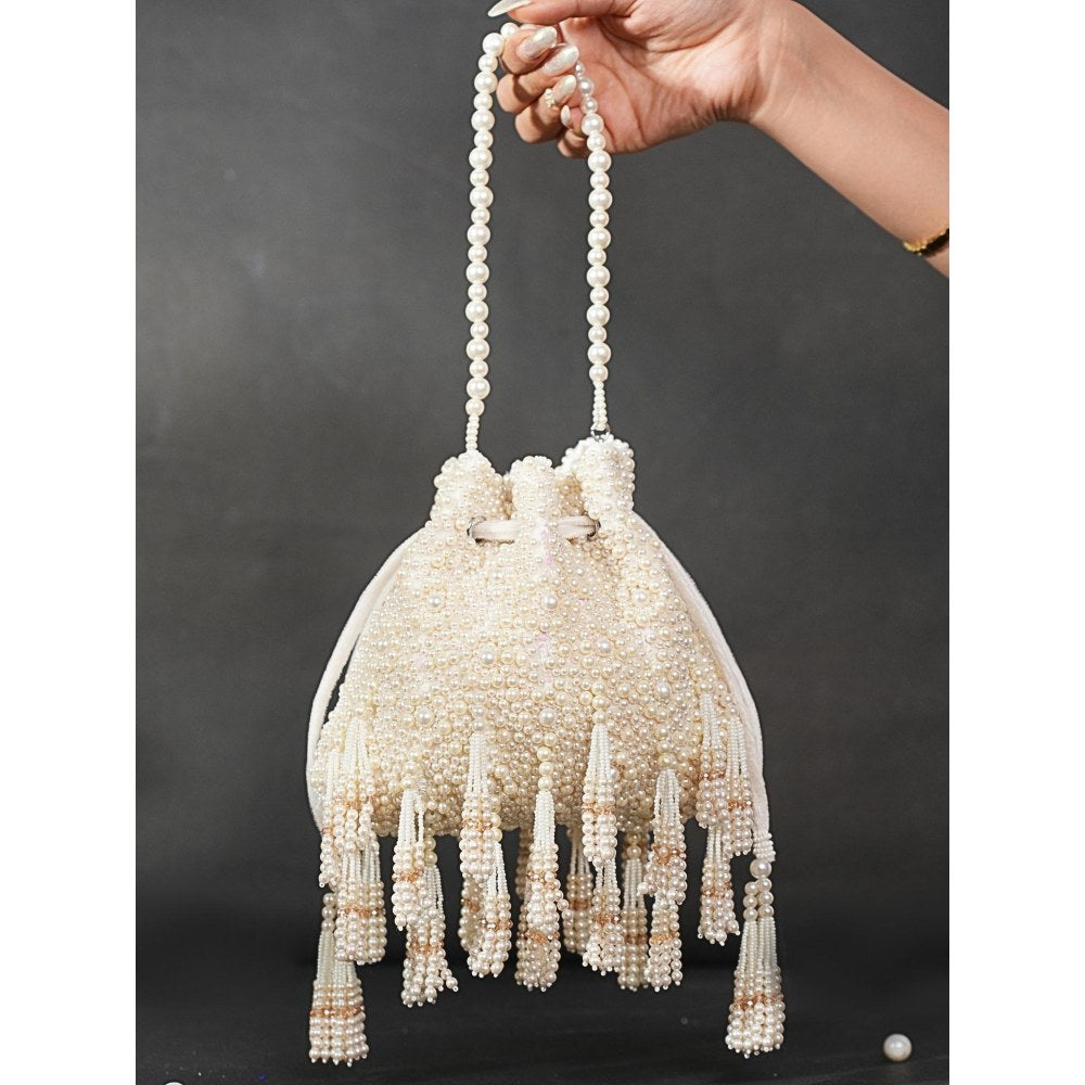 House Of Kosha Emma Ivory Suede Pearl Embellished Potli with Detachable Sling Chain