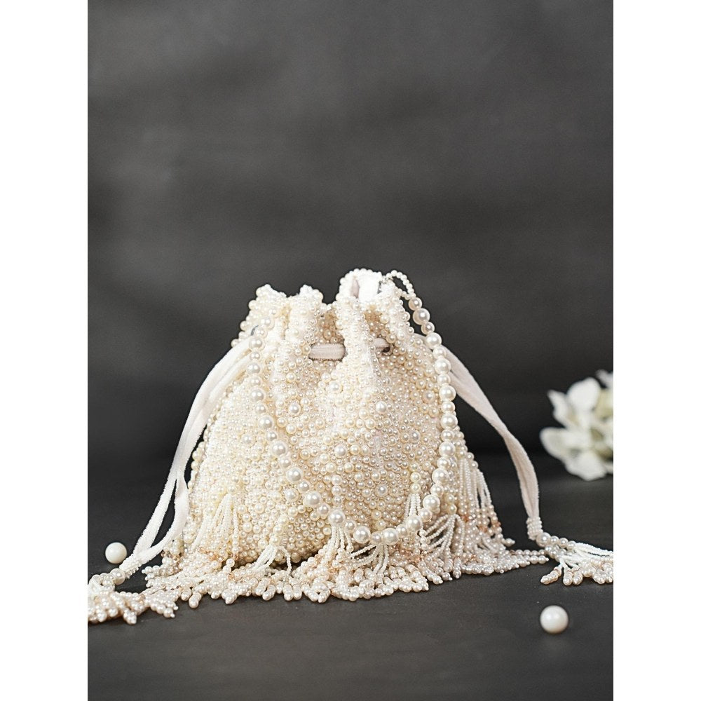 House Of Kosha Emma Ivory Suede Pearl Embellished Potli with Detachable Sling Chain