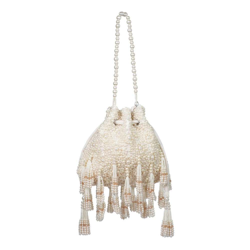 House Of Kosha Emma Ivory Suede Pearl Embellished Potli with Detachable Sling Chain