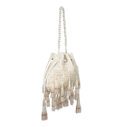 House Of Kosha Emma Ivory Suede Pearl Embellished Potli with Detachable Sling Chain