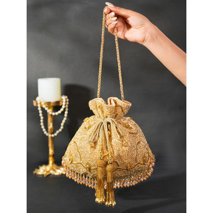 House Of Kosha Sunheri Gold Georgette Embellished Potli with Detachable Sling Chain