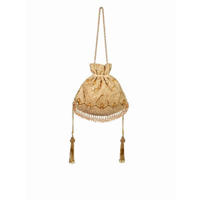 House Of Kosha Sunheri Gold Georgette Embellished Potli with Detachable Sling Chain