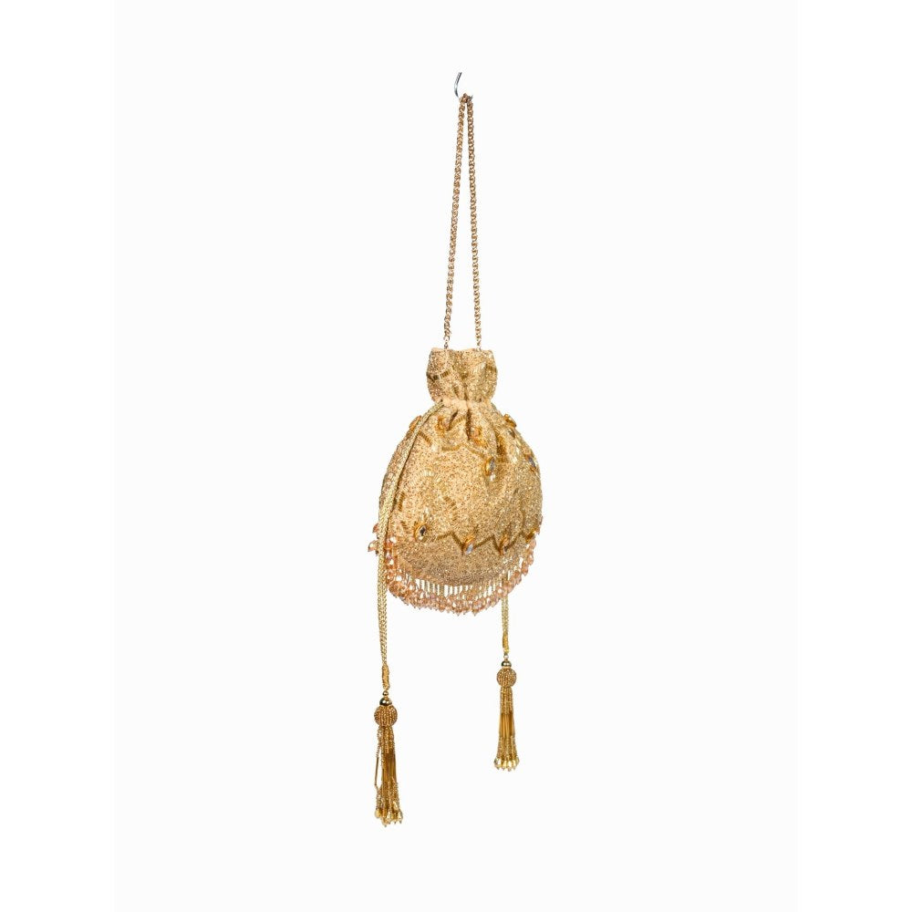 House Of Kosha Sunheri Gold Georgette Embellished Potli with Detachable Sling Chain