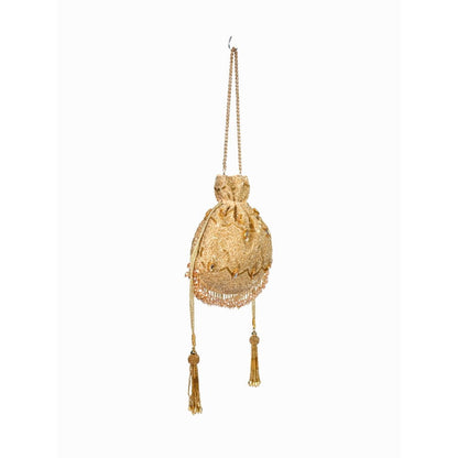 House Of Kosha Sunheri Gold Georgette Embellished Potli with Detachable Sling Chain