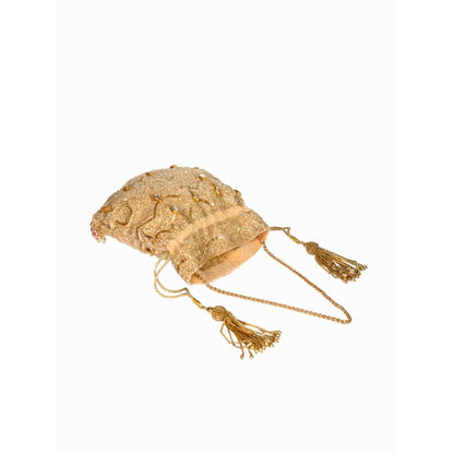 House Of Kosha Sunheri Gold Georgette Embellished Potli with Detachable Sling Chain