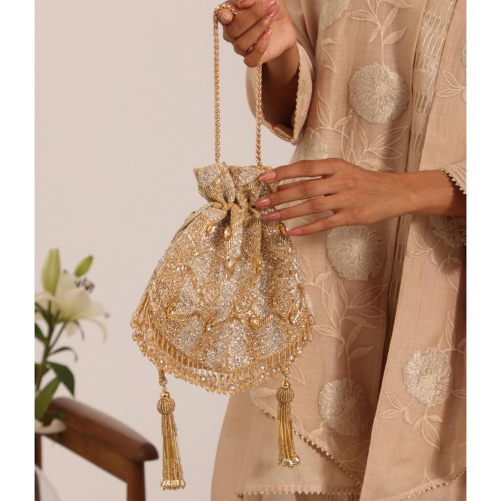 House Of Kosha Sunheri Gold Georgette Embellished Potli with Detachable Sling Chain