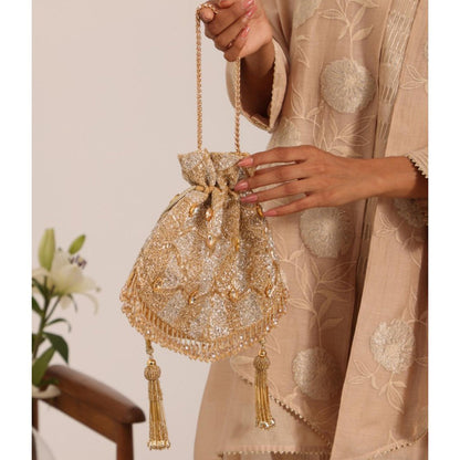 House Of Kosha Sunheri Gold Georgette Embellished Potli with Detachable Sling Chain