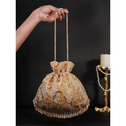 House Of Kosha Sunheri Gold Georgette Embellished Potli with Detachable Sling Chain