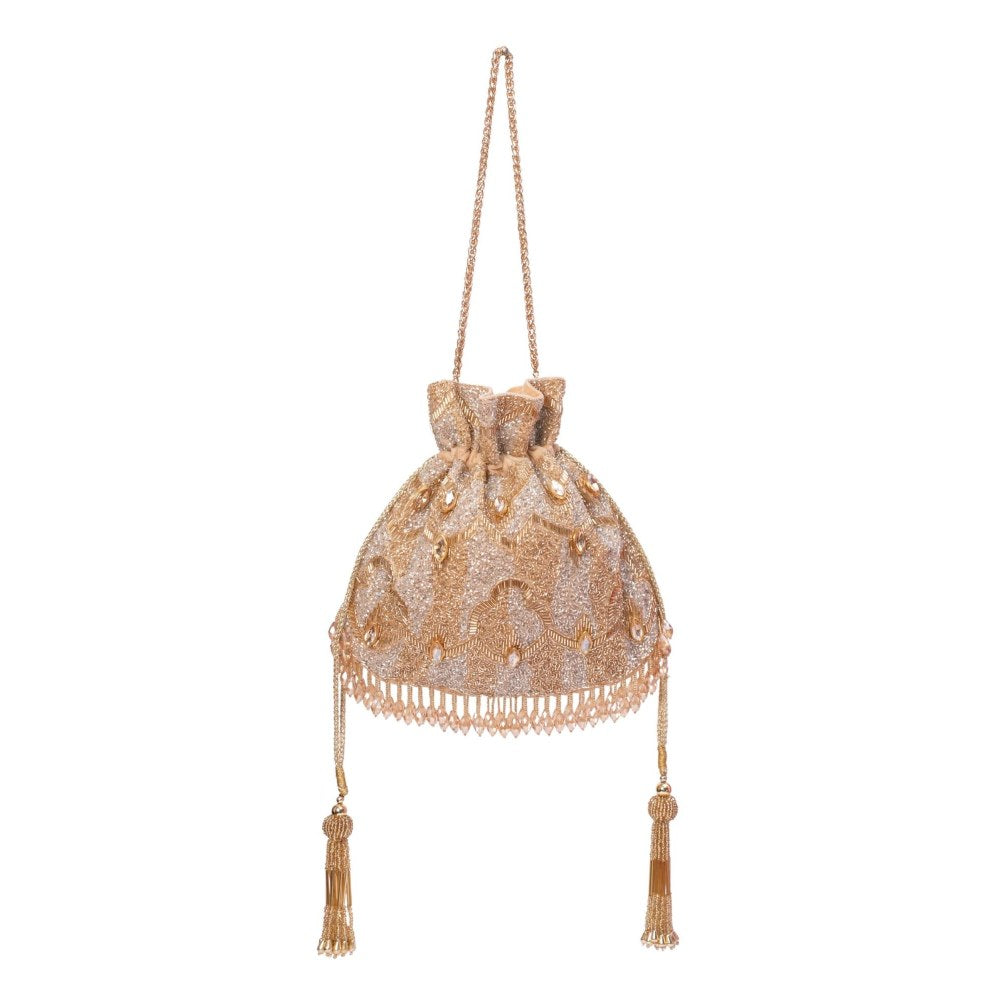 House Of Kosha Sunheri Gold Georgette Embellished Potli with Detachable Sling Chain
