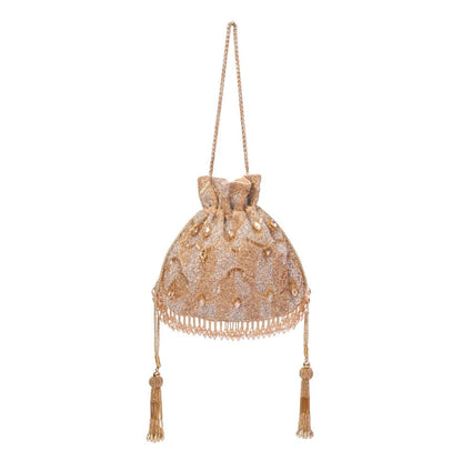 House Of Kosha Sunheri Gold Georgette Embellished Potli with Detachable Sling Chain