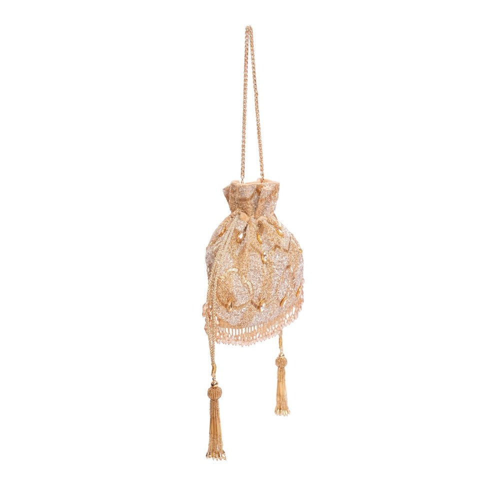 House Of Kosha Sunheri Gold Georgette Embellished Potli with Detachable Sling Chain
