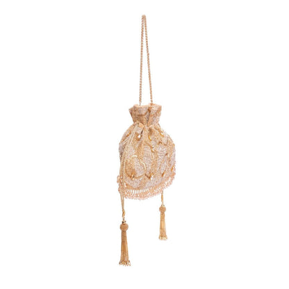 House Of Kosha Sunheri Gold Georgette Embellished Potli with Detachable Sling Chain