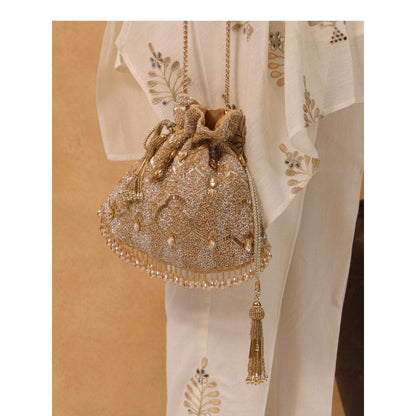 House Of Kosha Sunheri Gold Georgette Embellished Potli with Detachable Sling Chain