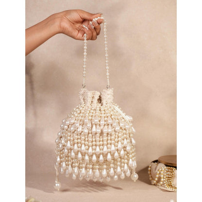 House Of Kosha Zarah Ivory Pearl Suede Embellished Potli with Detachable Sling Chain