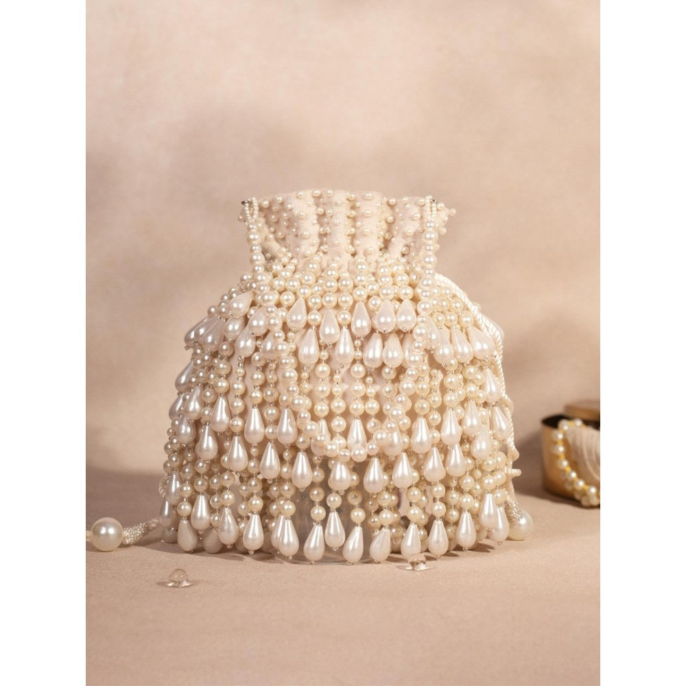House Of Kosha Zarah Ivory Pearl Suede Embellished Potli with Detachable Sling Chain