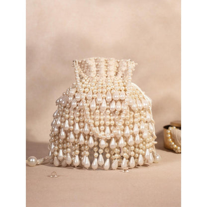 House Of Kosha Zarah Ivory Pearl Suede Embellished Potli with Detachable Sling Chain
