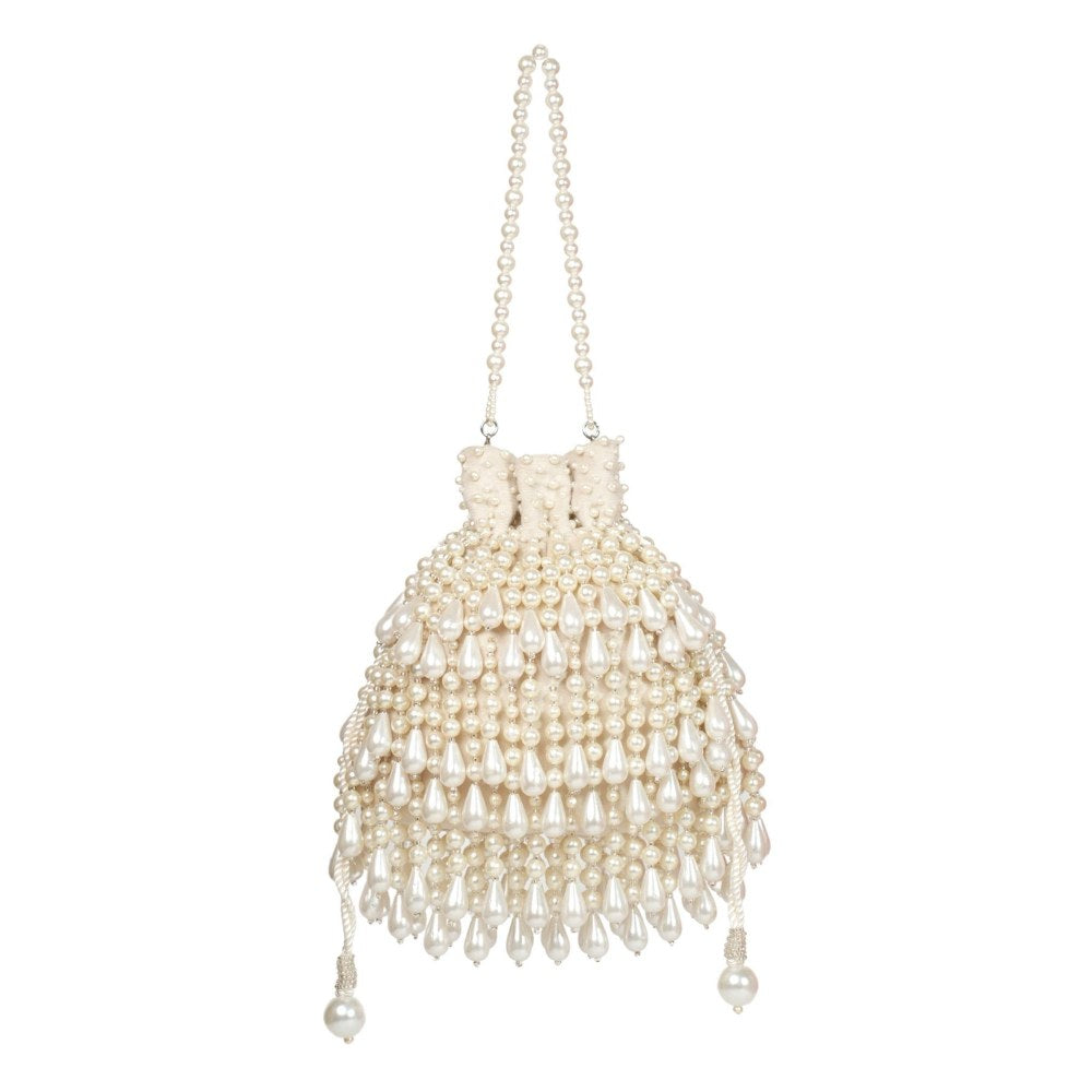 House Of Kosha Zarah Ivory Pearl Suede Embellished Potli with Detachable Sling Chain