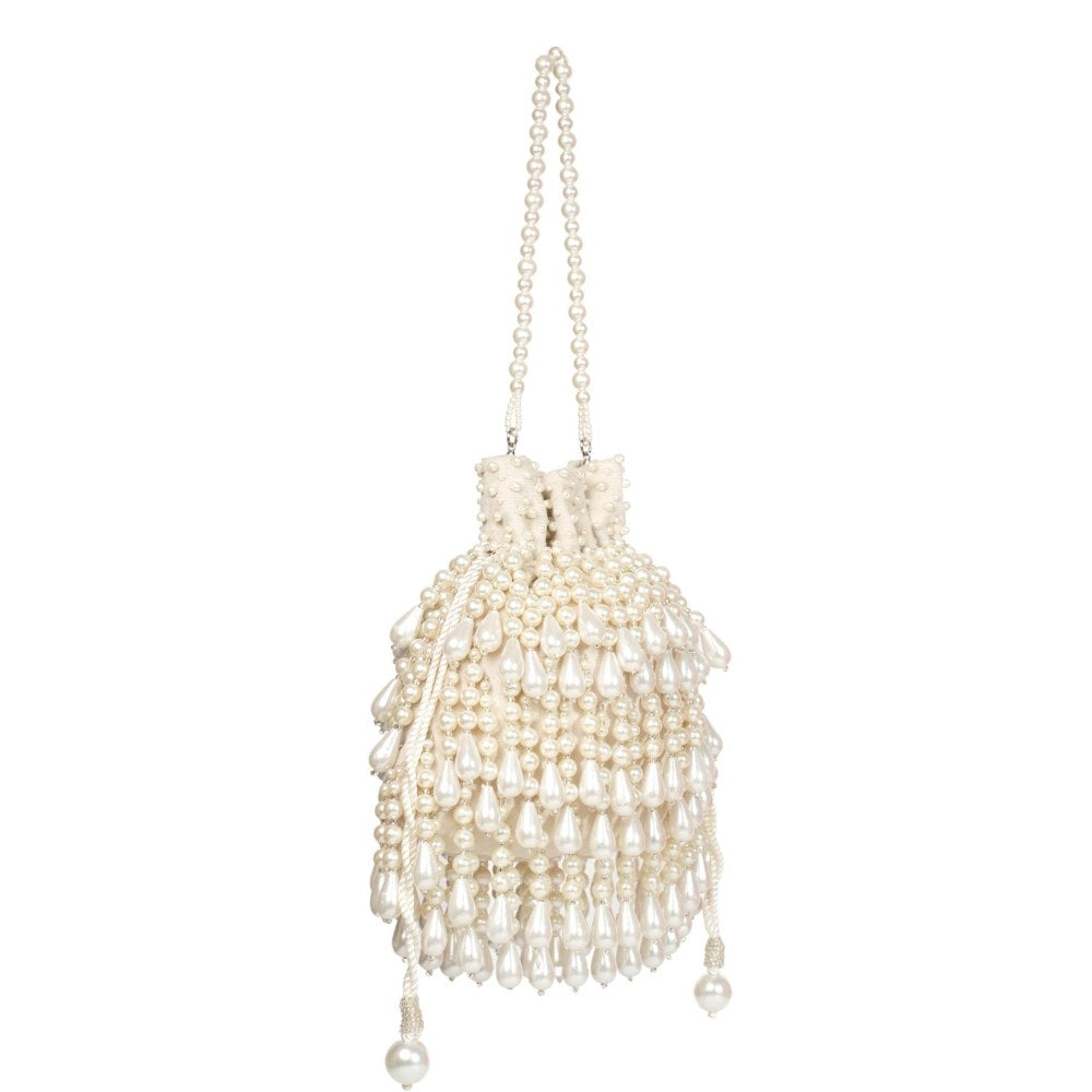 House Of Kosha Zarah Ivory Pearl Suede Embellished Potli with Detachable Sling Chain