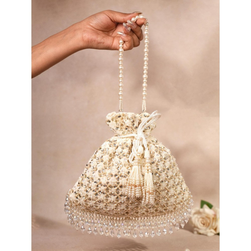 House Of Kosha Aafreen Ivory Suede Kundan Embellished Potli with Detachable Sling Chain
