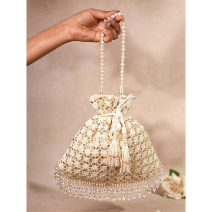 House Of Kosha Aafreen Ivory Suede Kundan Embellished Potli with Detachable Sling Chain