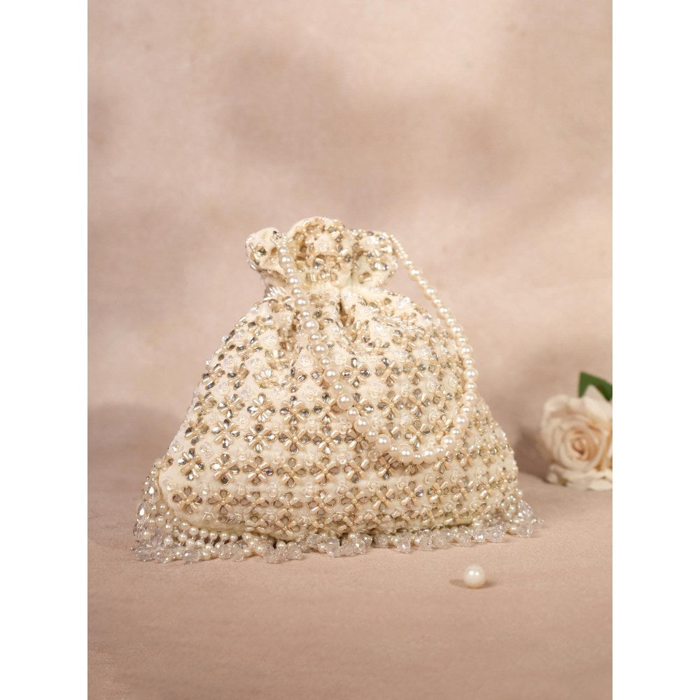 House Of Kosha Aafreen Ivory Suede Kundan Embellished Potli with Detachable Sling Chain