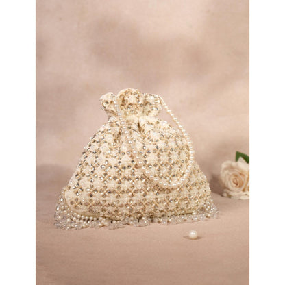 House Of Kosha Aafreen Ivory Suede Kundan Embellished Potli with Detachable Sling Chain