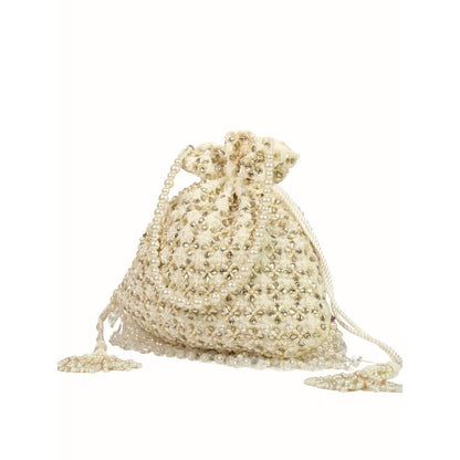 House Of Kosha Aafreen Ivory Suede Kundan Embellished Potli with Detachable Sling Chain