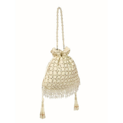 House Of Kosha Aafreen Ivory Suede Kundan Embellished Potli with Detachable Sling Chain