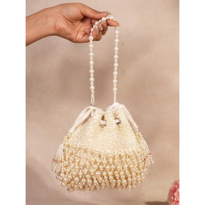House Of Kosha Zeba Ivory Suede Pearl Embellished Potli with Detachable Sling Chain