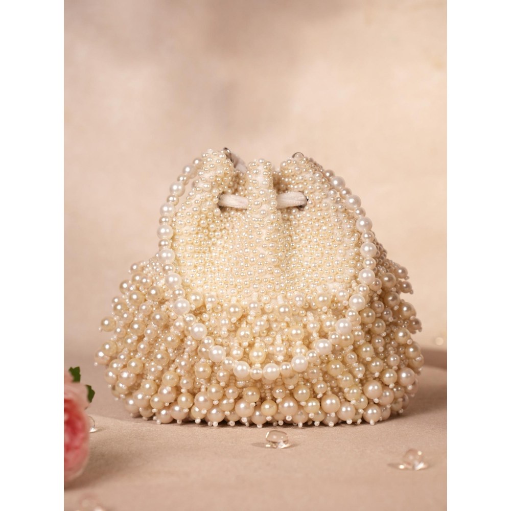 House Of Kosha Zeba Ivory Suede Pearl Embellished Potli with Detachable Sling Chain