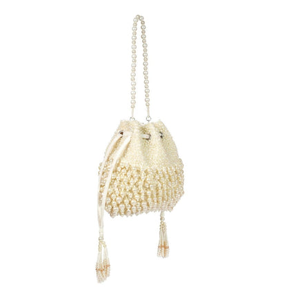 House Of Kosha Zeba Ivory Suede Pearl Embellished Potli with Detachable Sling Chain