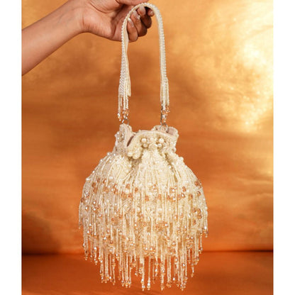 House Of Kosha Nayera Ivory Suede Pearl Potli with Detachable Strap