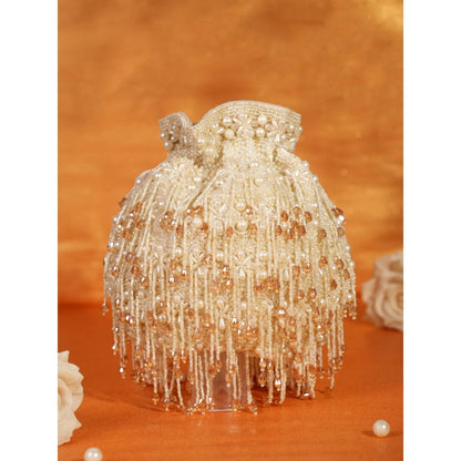 House Of Kosha Nayera Ivory Suede Pearl Potli with Detachable Strap