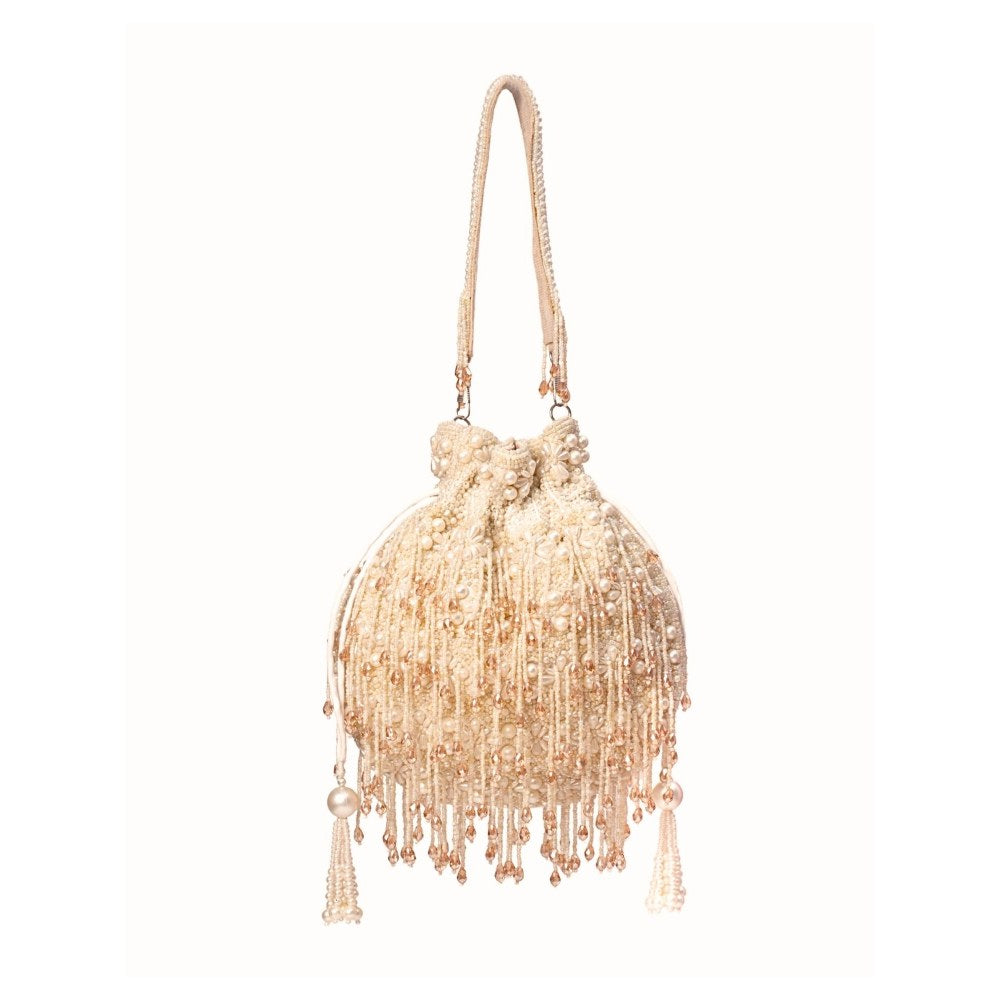 House Of Kosha Nayera Ivory Suede Pearl Potli with Detachable Strap