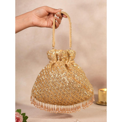 House Of Kosha Sitara Gold Suede Sequin Embellished Potli with Detachable Strap