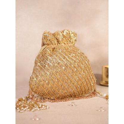 House Of Kosha Sitara Gold Suede Sequin Embellished Potli with Detachable Strap