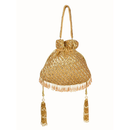 House Of Kosha Sitara Gold Suede Sequin Embellished Potli with Detachable Strap