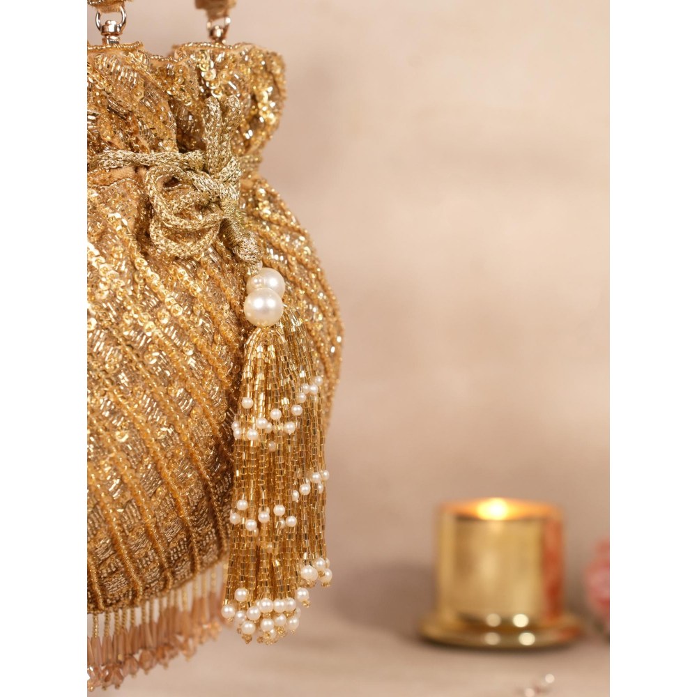 House Of Kosha Sitara Gold Suede Sequin Embellished Potli with Detachable Strap