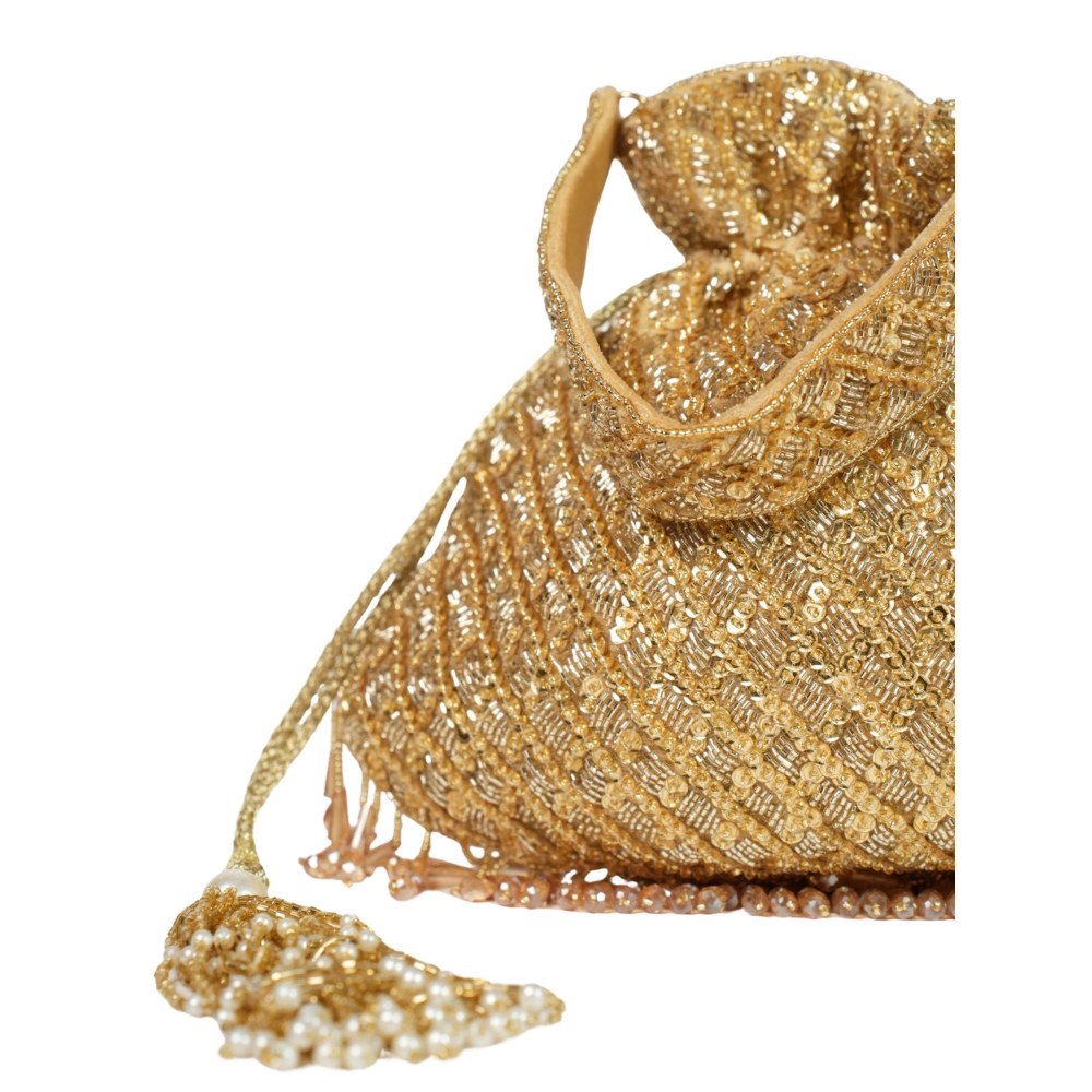 House Of Kosha Sitara Gold Suede Sequin Embellished Potli with Detachable Strap