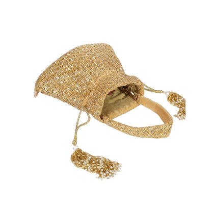 House Of Kosha Sitara Gold Suede Sequin Embellished Potli with Detachable Strap