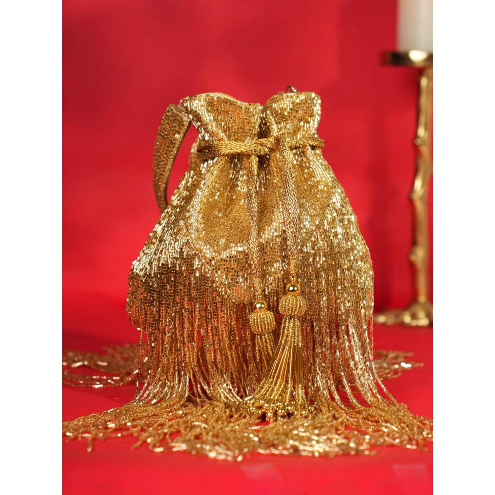 House Of Kosha Bailey Gold Suede Handcrafted Potli with Detachable Strap