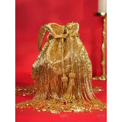 House Of Kosha Bailey Gold Suede Handcrafted Potli with Detachable Strap
