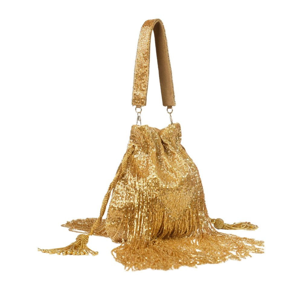 House Of Kosha Bailey Gold Suede Handcrafted Potli with Detachable Strap
