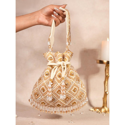 House Of Kosha Serin Gold Pastel Suede Embellished Potli with Detachable Strap