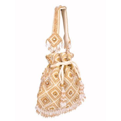 House Of Kosha Serin Gold Pastel Suede Embellished Potli with Detachable Strap