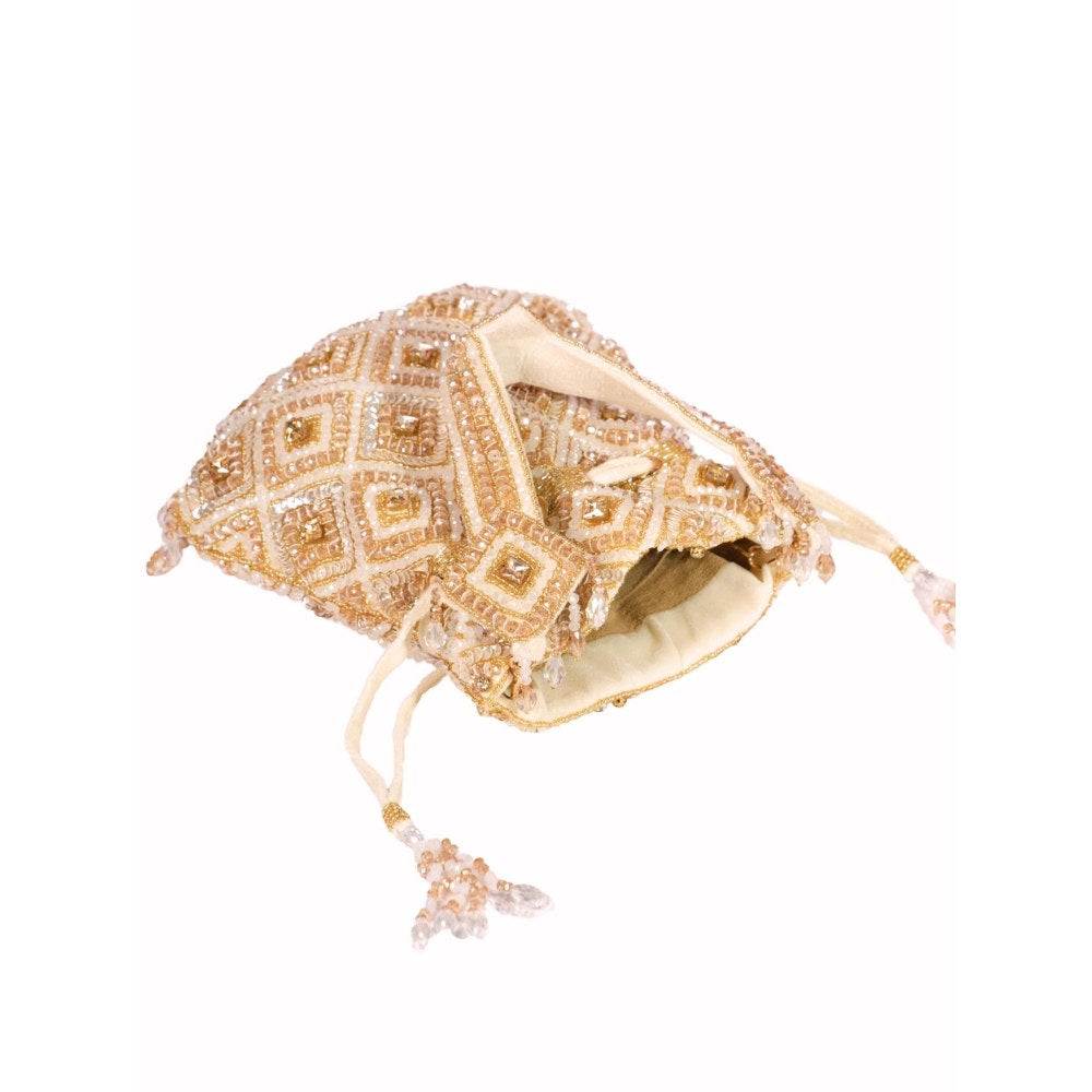 House Of Kosha Serin Gold Pastel Suede Embellished Potli with Detachable Strap