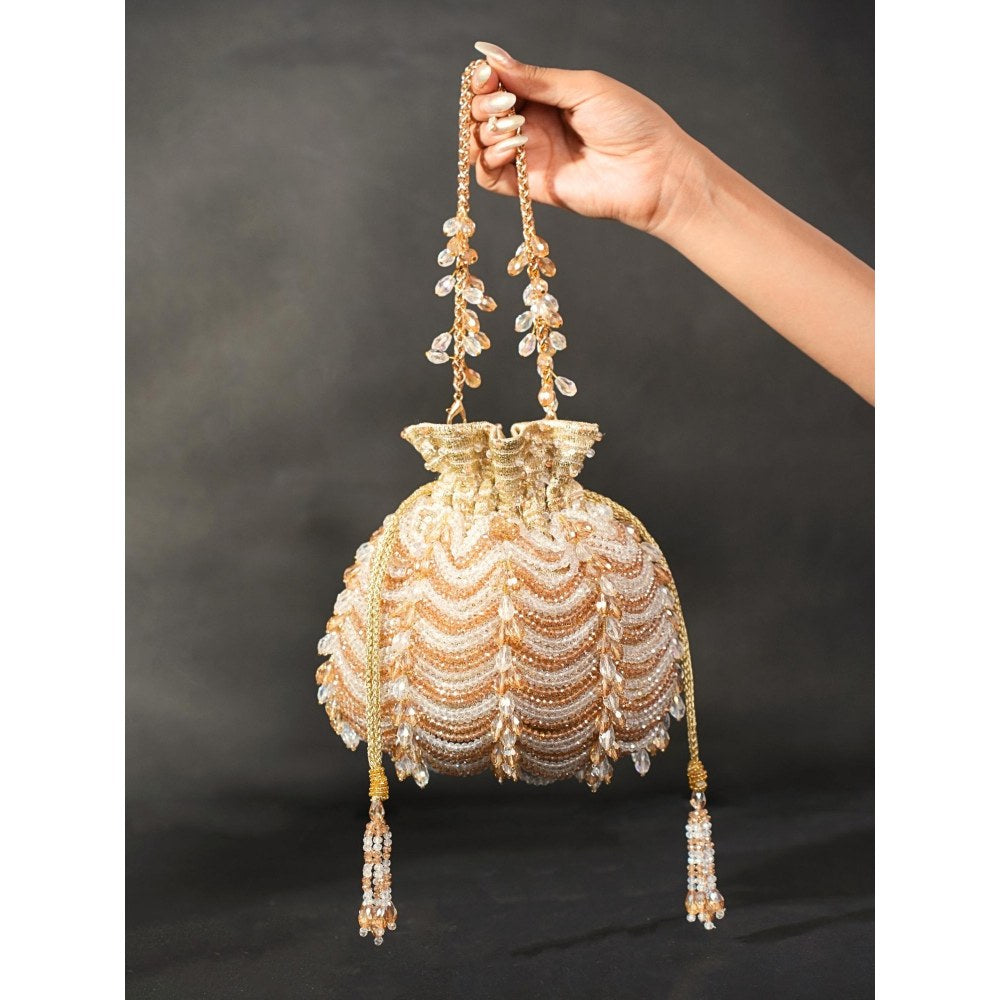 House Of Kosha Gulzar Gold Georgette Embellished Potli with Detachable Sling Chain